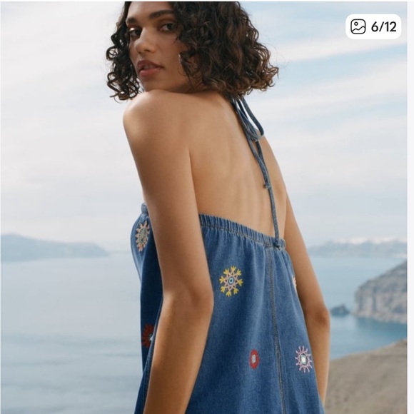 Zara Denim Chambray Embroidered Halter Dress NEW NWT - Picture 6 of 10